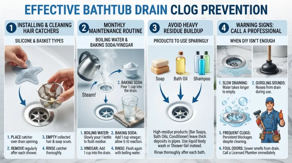 Infographic detailing step-by-step methods to prevent bathtub drain clogs, including hair catchers, monthly hot water flushes, and proper maintenance.