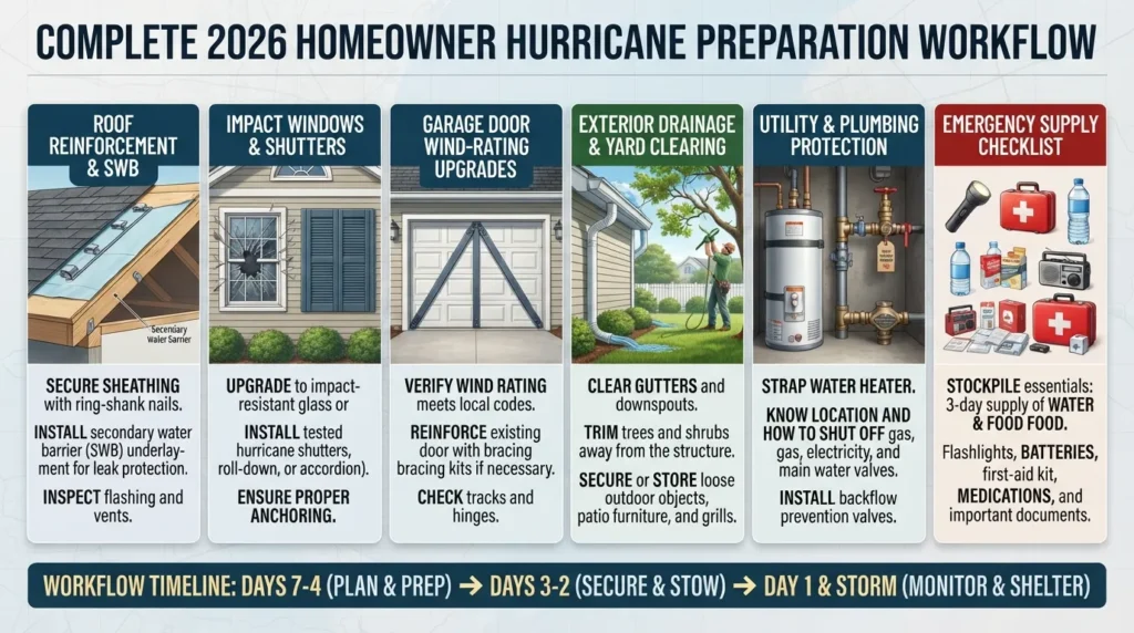 Comprehensive homeowner checklist and guide illustrating step-by-step preparation steps to protect a residential house from hurricane winds, storm surge, and water damage.