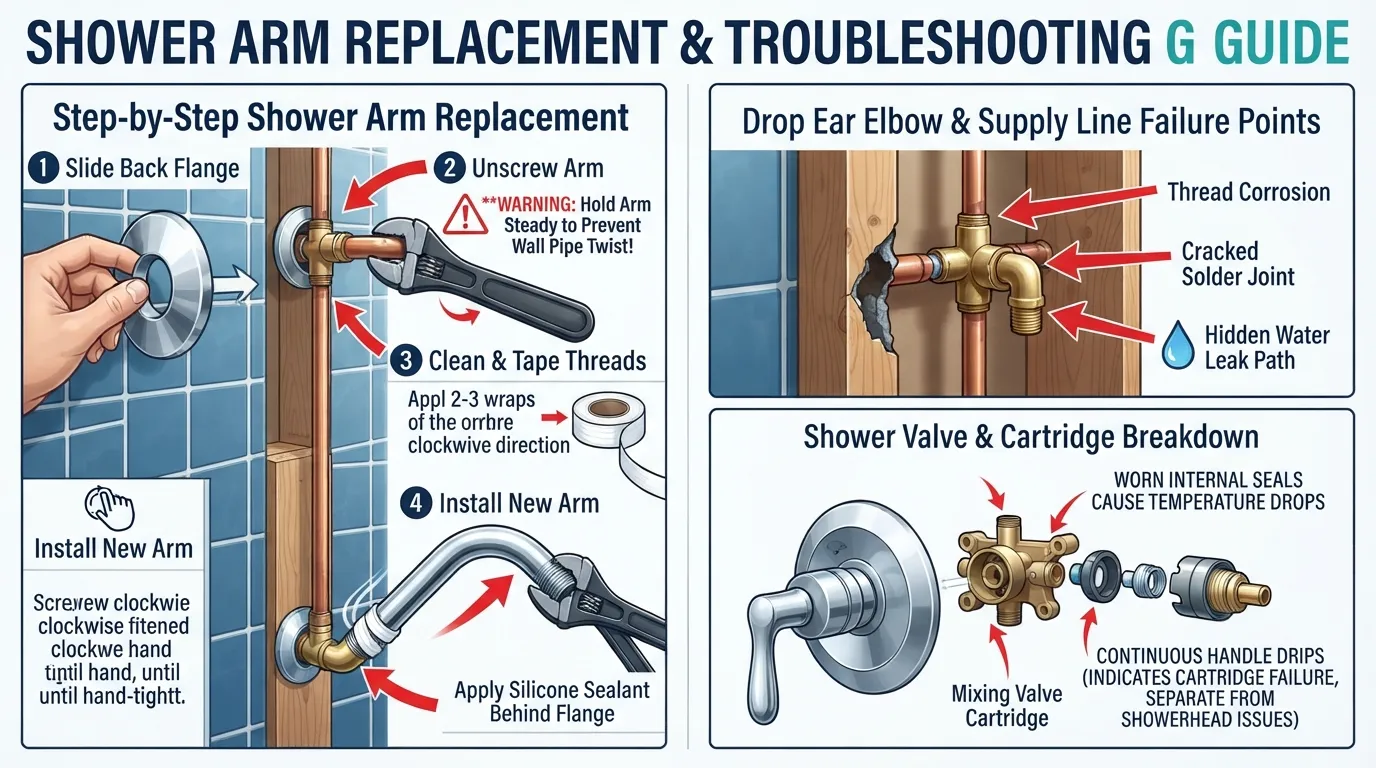 Diagram illustrating how to replace a shower arm pipe, disconnect a rusted drop ear elbow behind the wall, and fix a leaking shower valve cartridge.