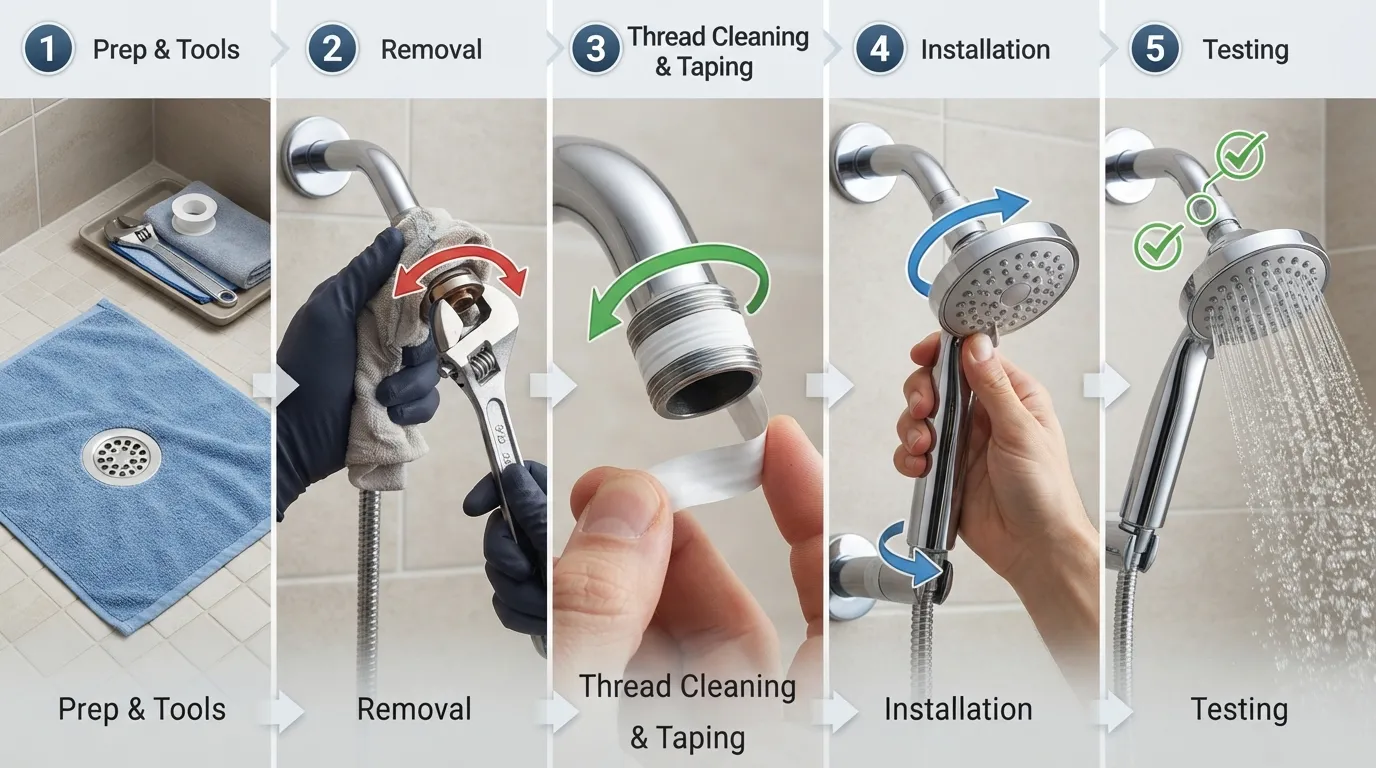 Step-by-step visual diagram illustrating how to replace a showerhead on a metal shower arm pipe.
