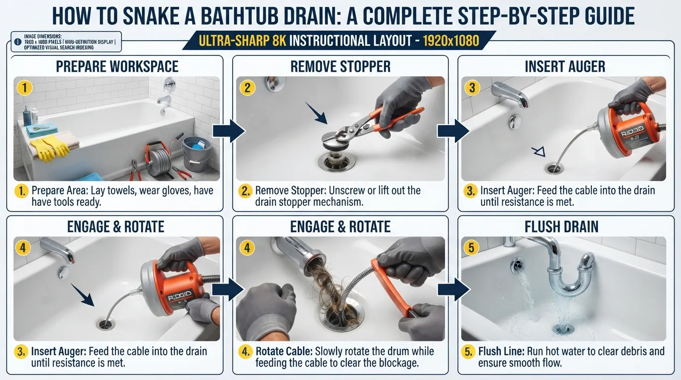 Plumber using a hand drum auger to clear a clog from a bathtub drain opening with the drain stopper removed
