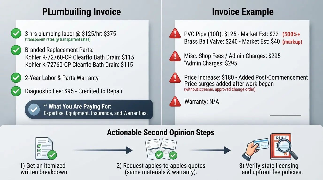 Side-by-side visual comparison showing fair plumbing invoice details versus warning signs of overcharging like excessive parts markups and unapproved fees.