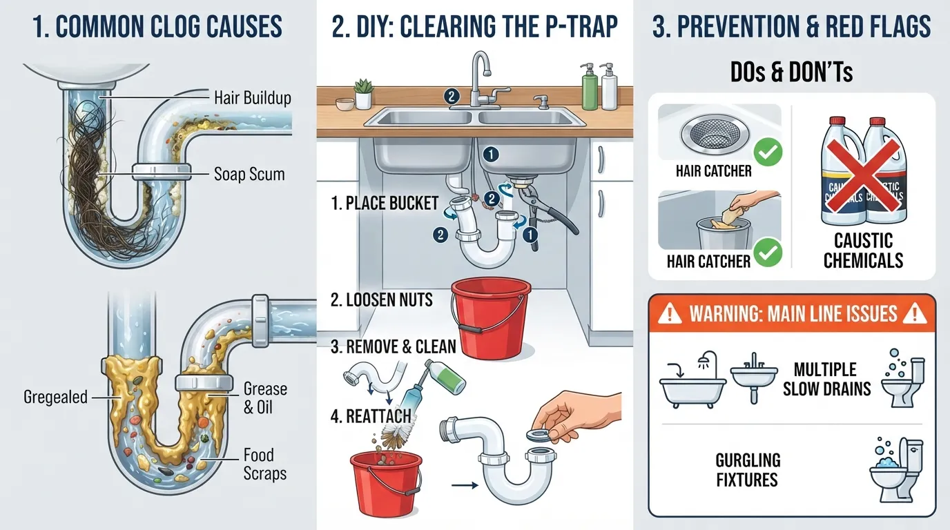Comprehensive diagram illustrating common drain clog causes, step-by-step P-trap clearing, and preventative drain maintenance tips for kitchen and bathroom sinks.