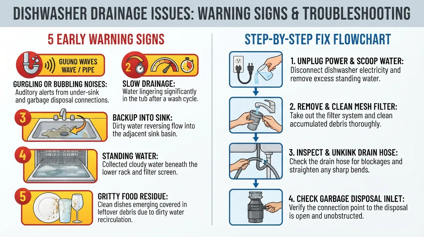 Infographic illustrating five early warning signs of a clogged dishwasher including gurgling noises, slow drainage, sink backup, standing water, and dirty dishes alongside troubleshooting steps.
