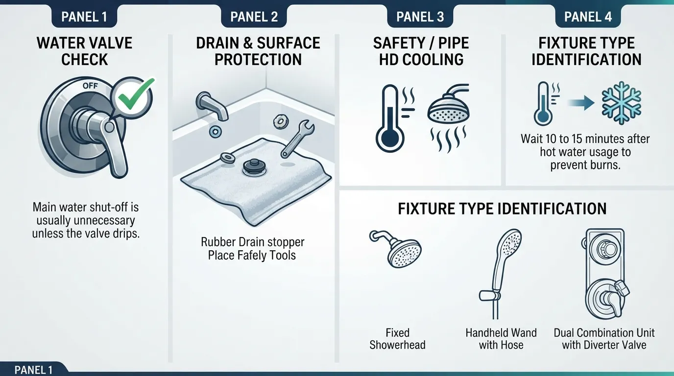 Alt Text: Illustrated diagram showing prep steps before replacing a showerhead, including keeping the shower handle off, placing a towel over the tub drain, letting pipes cool, and identifying the showerhead type.