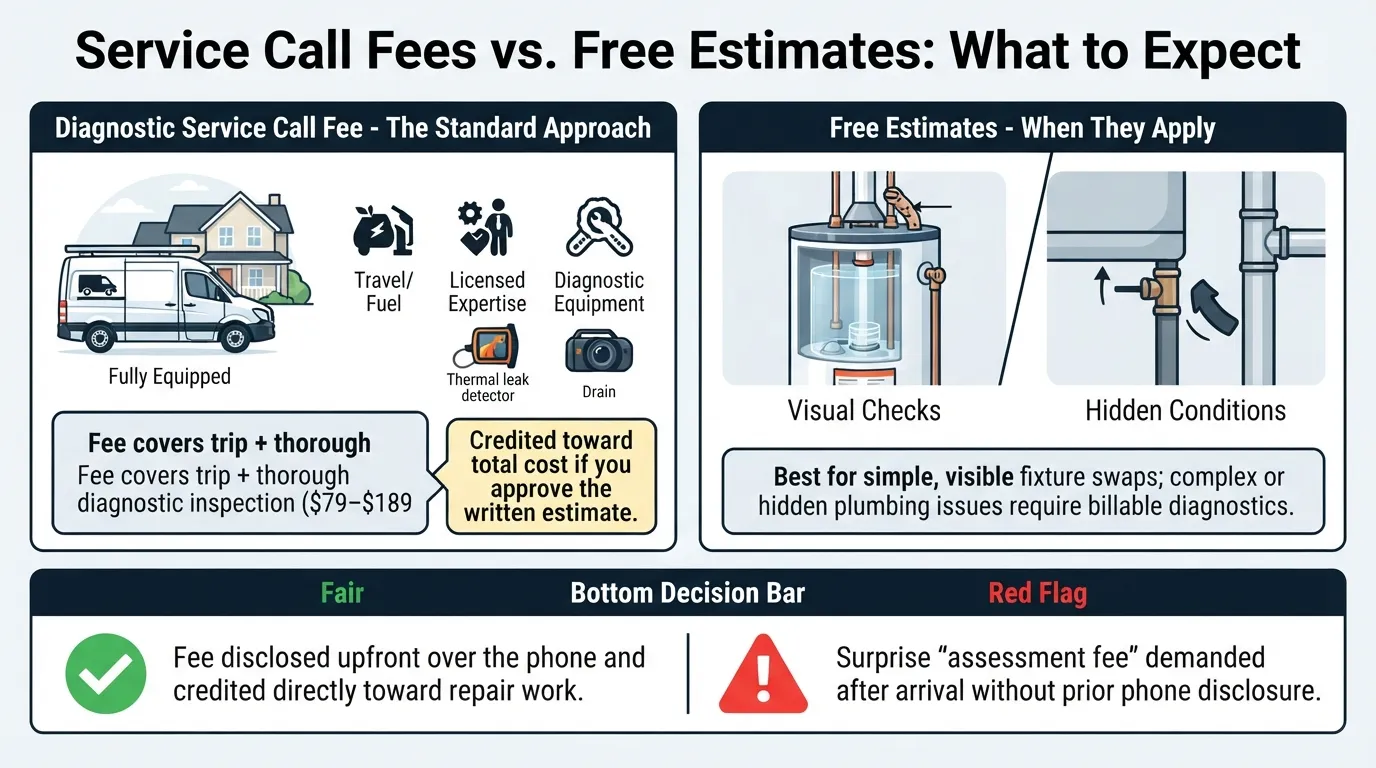 Infographic explaining why plumbers charge diagnostic service call fees versus free visual estimates, showing trip cost breakdowns and upfront pricing red flags.