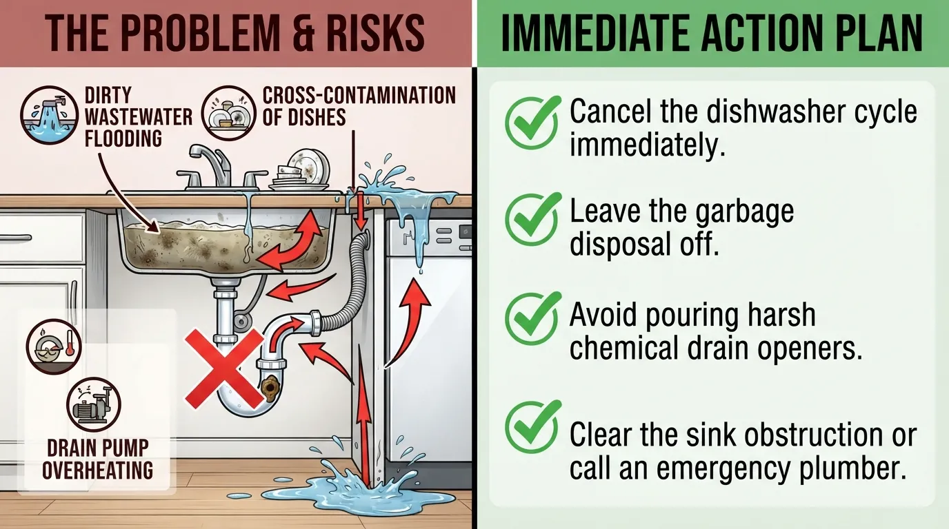 A clear visual diagram showing why you should not run a dishwasher when the kitchen sink is clogged, illustrating how wastewater backs up into the sink basin and floods countertops.