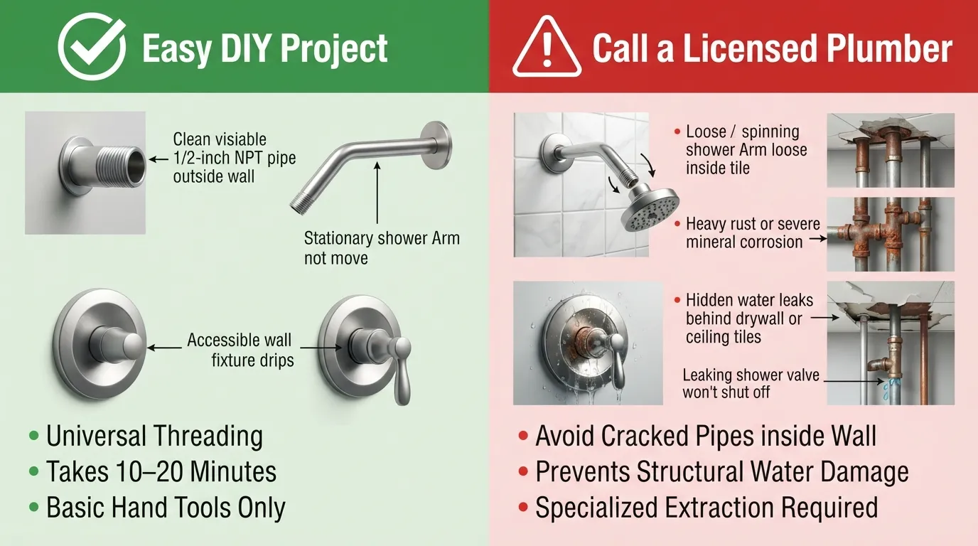 High-resolution 1920x1080 visual flowchart comparing DIY showerhead replacement conditions versus complex plumbing scenarios requiring a professional.