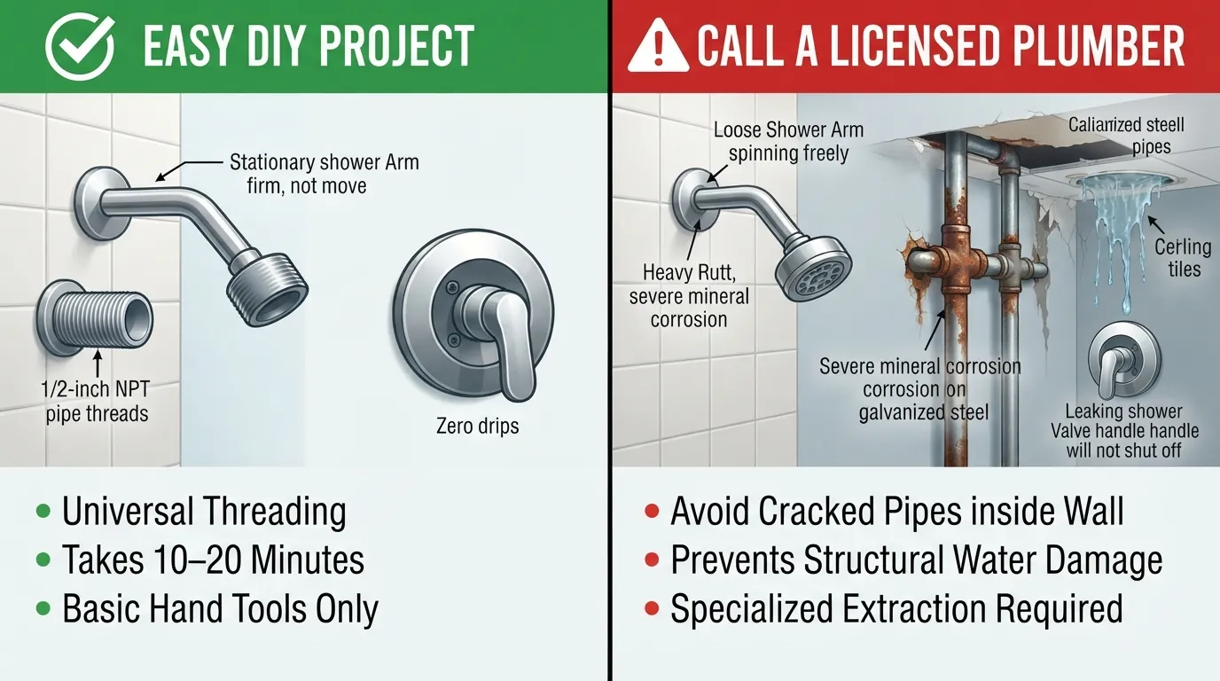 High-resolution 1920x1080 visual flowchart comparing DIY showerhead replacement conditions versus complex plumbing scenarios requiring a professional.