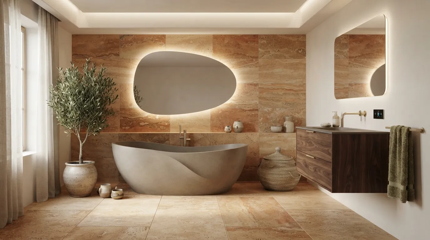 Modern luxury bathroom featuring a sculptural freestanding stone tub, warm LED architectural lighting, and integrated smart fixtures in a 1920 by 1080 pixel layout.