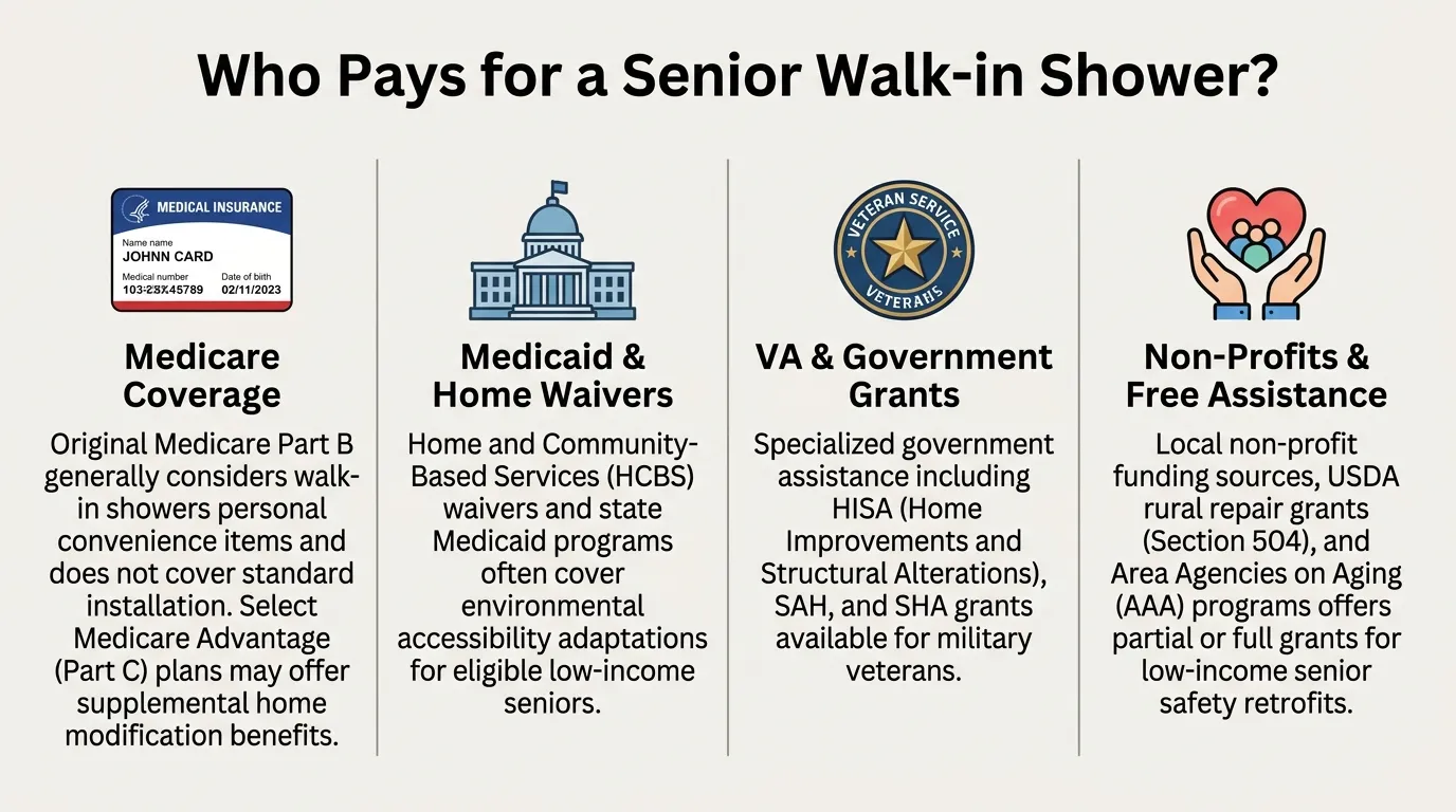 An infographic diagram illustrating financial coverage options for senior walk-in showers, comparing Medicare Part B, Medicaid Waivers, VA Grants, and state assistance programs.