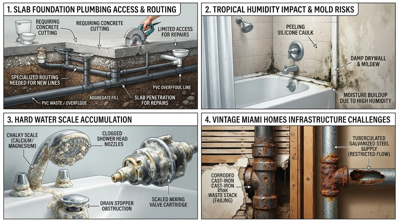Cross-section diagram highlighting Miami slab foundation plumbing, hard water scale buildup on fixtures, and humid bathroom ventilation challenges.