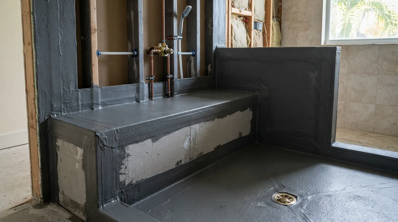 Professional waterproofing membrane and drain slope on a custom built-in shower bench in a Miami bathroom remodel