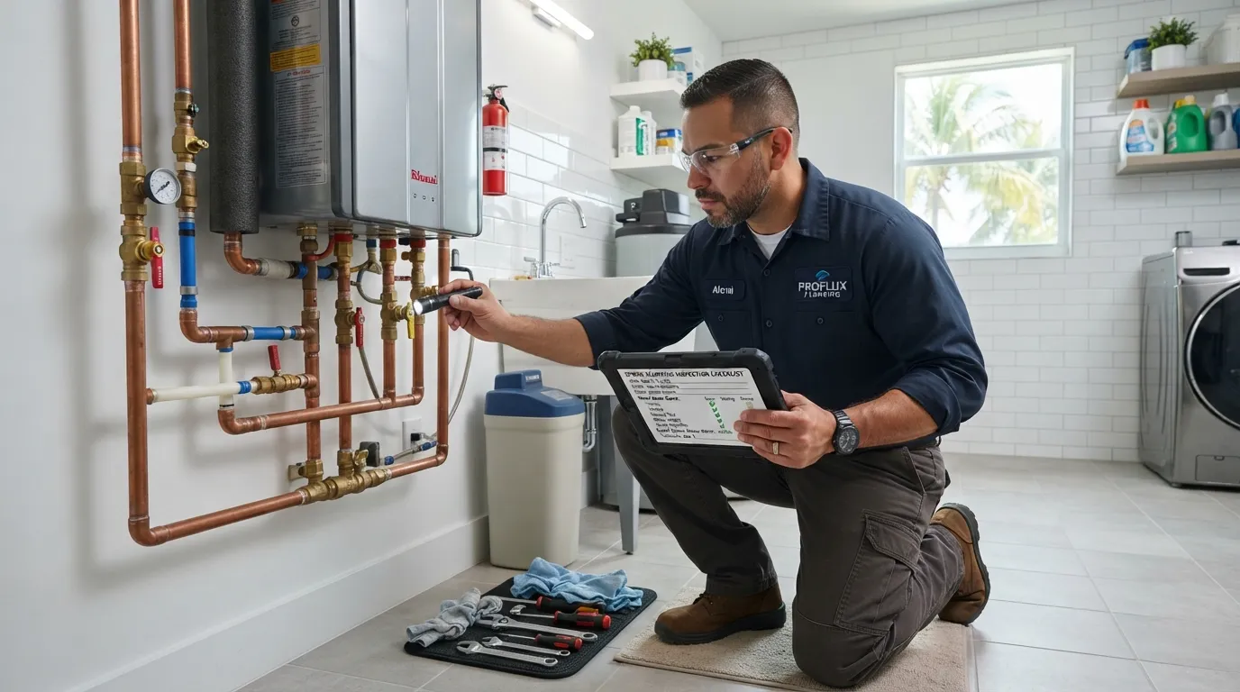 A professional plumber inspecting a home water heater and plumbing system during spring in Miami, illustrating essential seasonal maintenance checks.