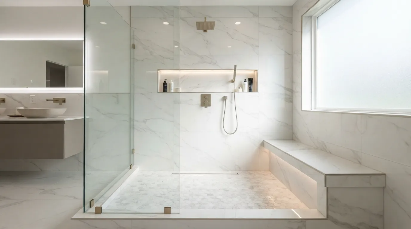 Spacious modern walk-in shower featuring a sleek built-in tile bench and large-format porcelain tiles
