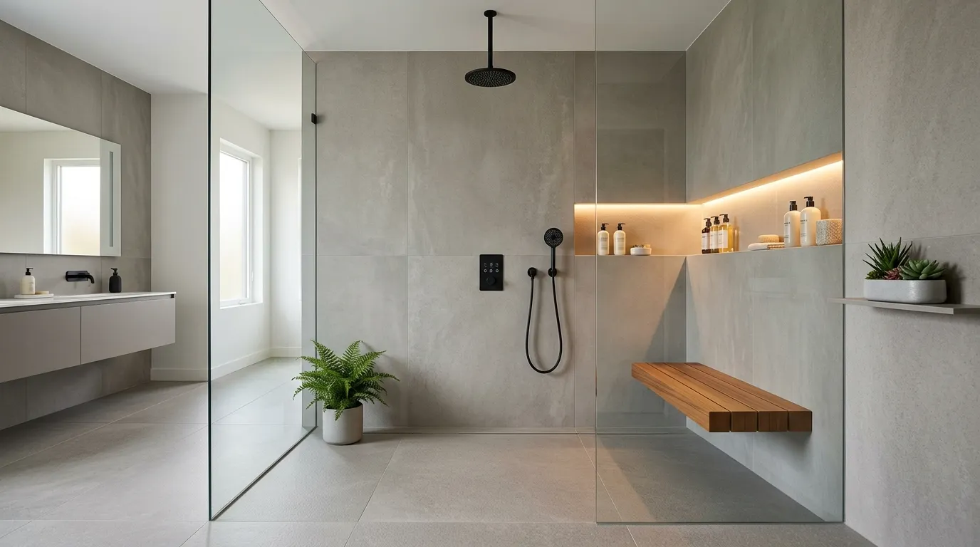 A luxury modern bathroom showcasing 2026 walk-in shower design trends, including floor-to-ceiling glass panels, large-format matte porcelain tiles, a rain showerhead with a handheld sprayer, built-in recessed LED niches, and natural wood accents.