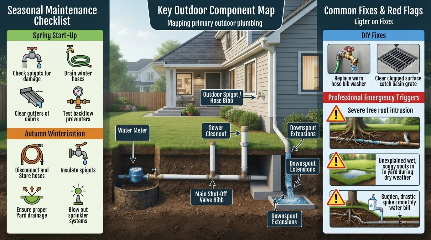 Comprehensive outdoor plumbing maintenance diagram showing water meters, hose bibbs, main line shut-off valves, downspouts, sewer cleanouts, and yard drainage fixes.