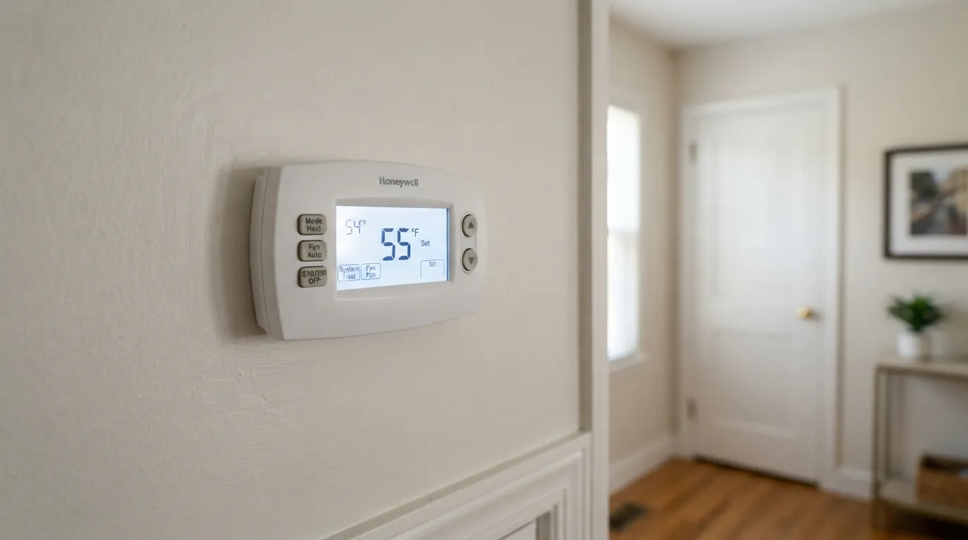 Close-up of a modern digital thermostat set to 55 degrees Fahrenheit inside a vacant home to prevent frozen pipes.
