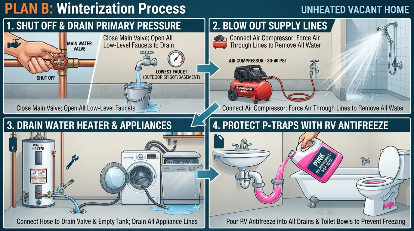 Infographic illustrating Plan B plumbing winterization for a vacant house, showing main water shut-off, air compressor line blowout, water heater draining, and RV antifreeze poured into P-traps.