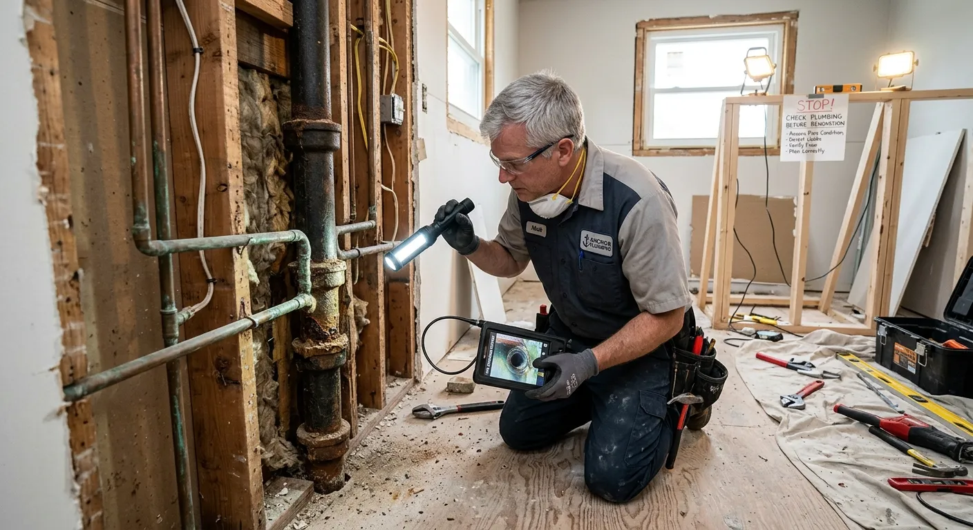 Professional plumber checking old pipes and wall structures with a flashlight and digital scope before a home renovation