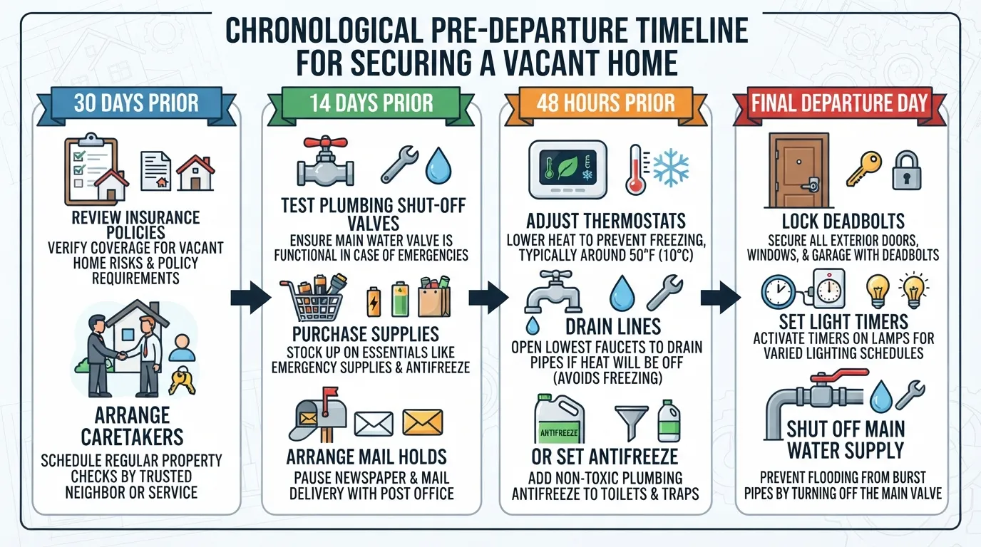 Step-by-step pre-departure checklist and timeline infographic for winterizing a vacant home, showing key milestones leading up to departure.