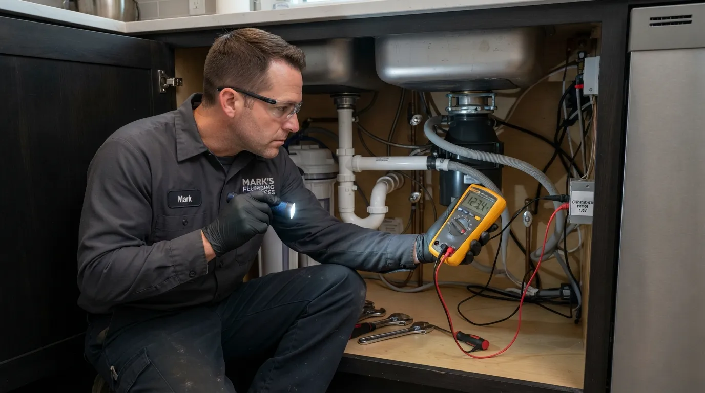 A licensed plumber inspecting a dishwasher under-sink drain connection and using tools for professional diagnostic troubleshooting.