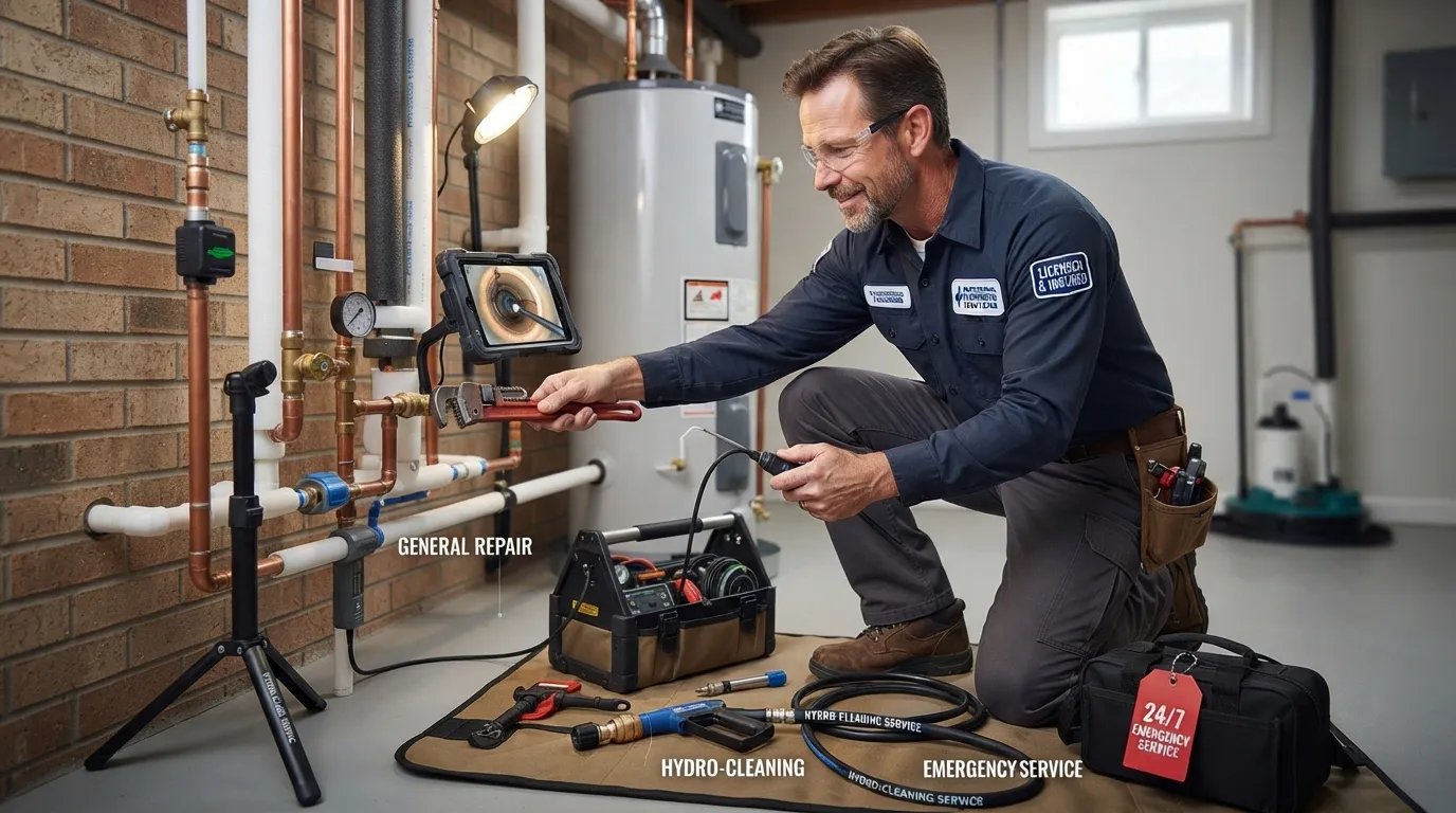 Professional plumber performing drain cleaning and pipe repair services representing core Roto-Rooter offerings.