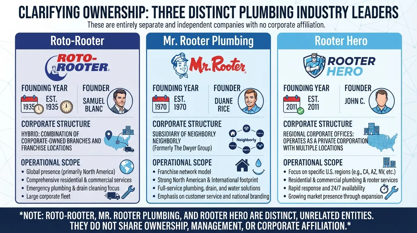 Side-by-side comparison chart outlining the brand history, founders, and business models of Roto-Rooter, Mr. Rooter, and Rooter Hero plumbing services.