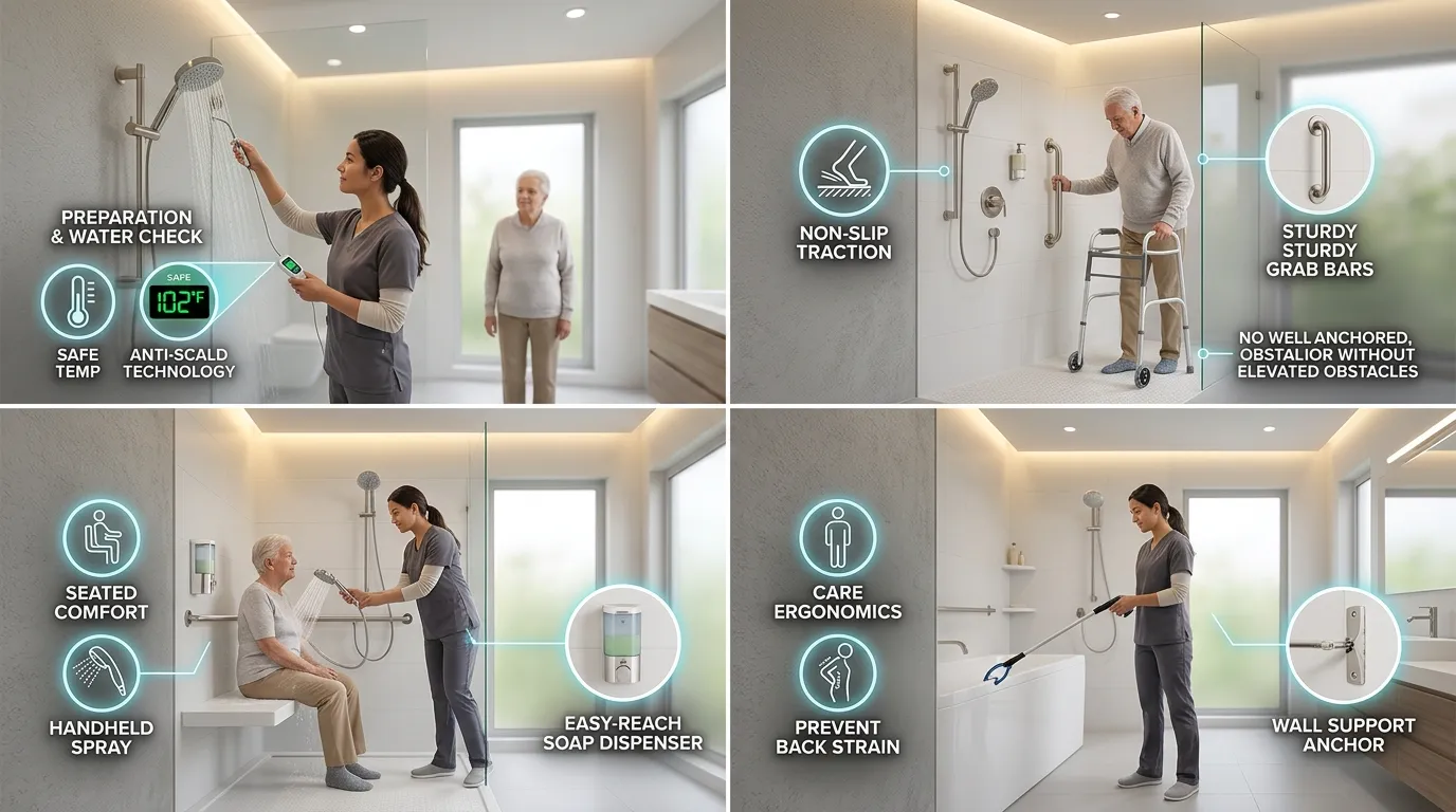 An illustrated step-by-step safety guide showing a caregiver assisting an older adult into a walk-in shower with non-slip flooring, grab bars, a shower bench, and a handheld showerhead.