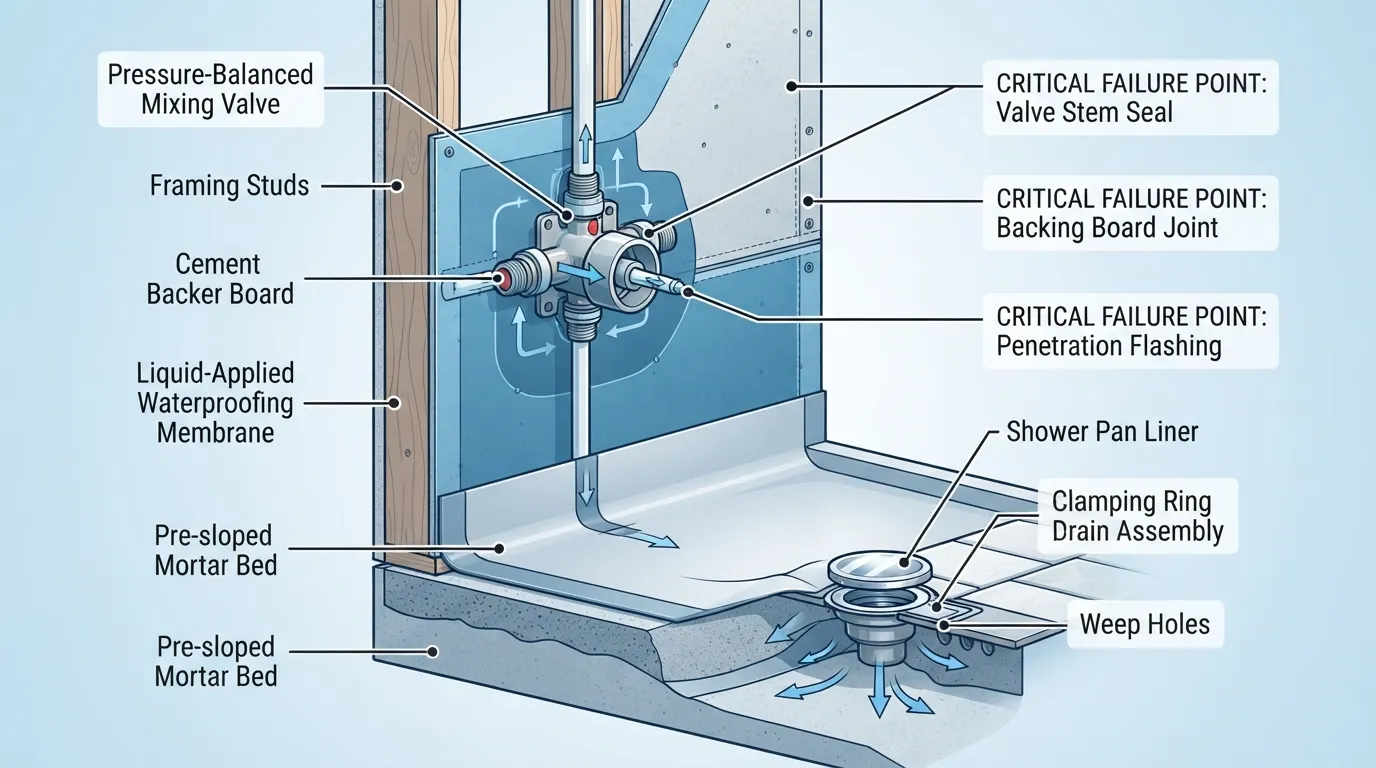 Cross-section diagram showing shower mixing valve installation, waterproof membrane layers, and waterproofing details to prevent bathroom leaks.