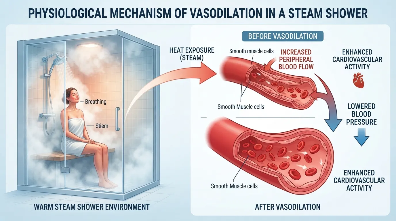 Diagram illustrating how steam shower heat causes blood vessels to dilate and improves circulation throughout the body.