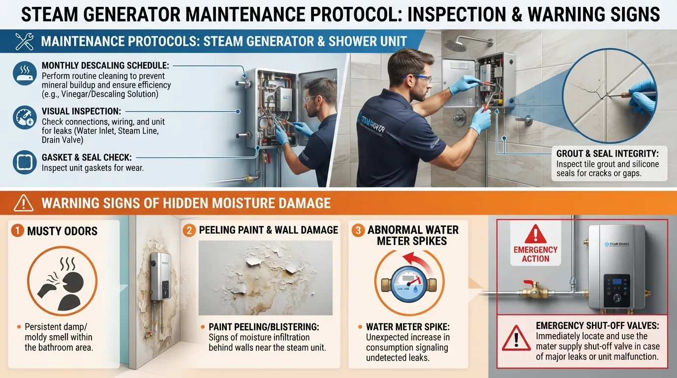 Plumber inspecting a steam shower generator and tile grout for mineral buildup and moisture leaks.