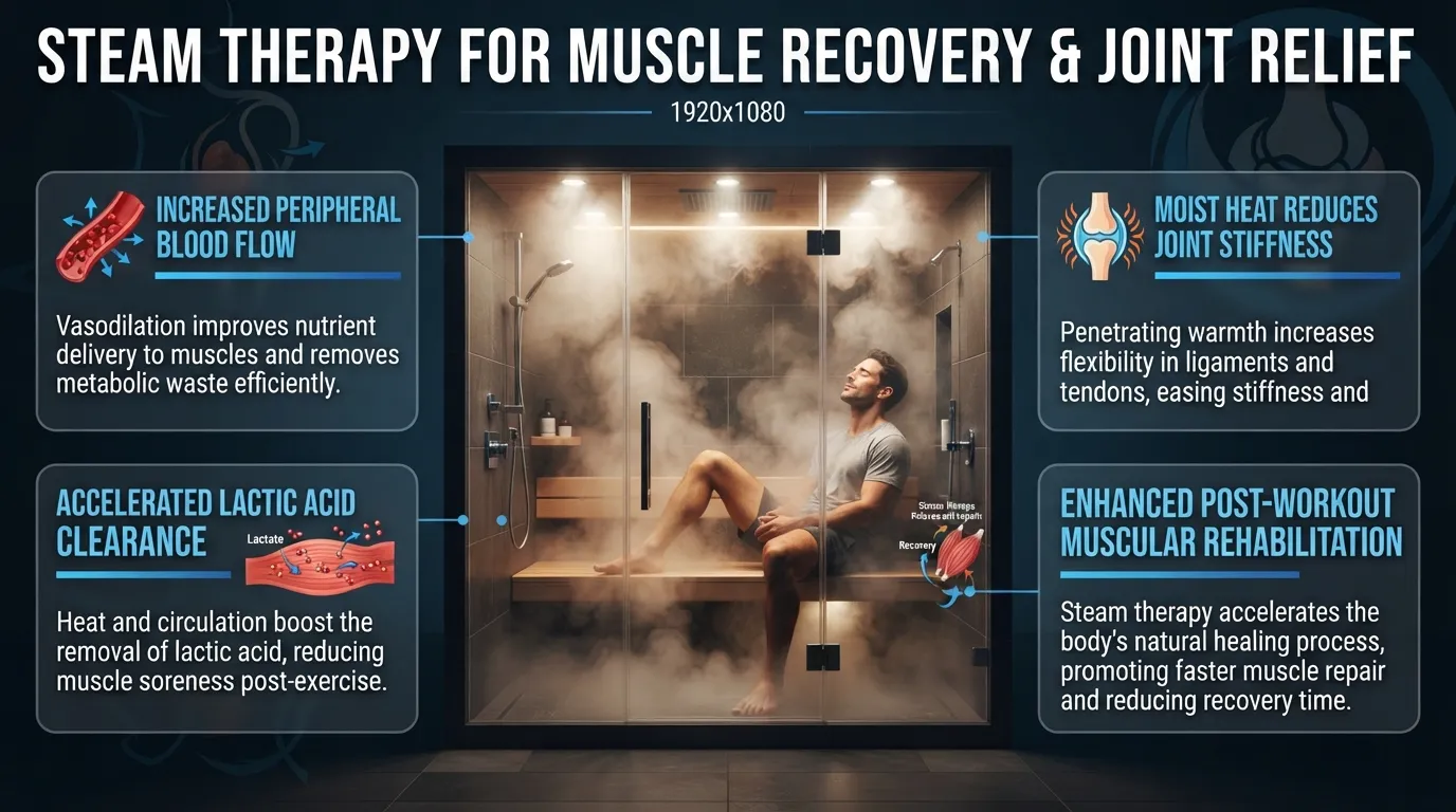 A person relaxing in a modern glass steam shower, illustrating how warm mist helps soothe tight muscles and relieve joint stiffness.