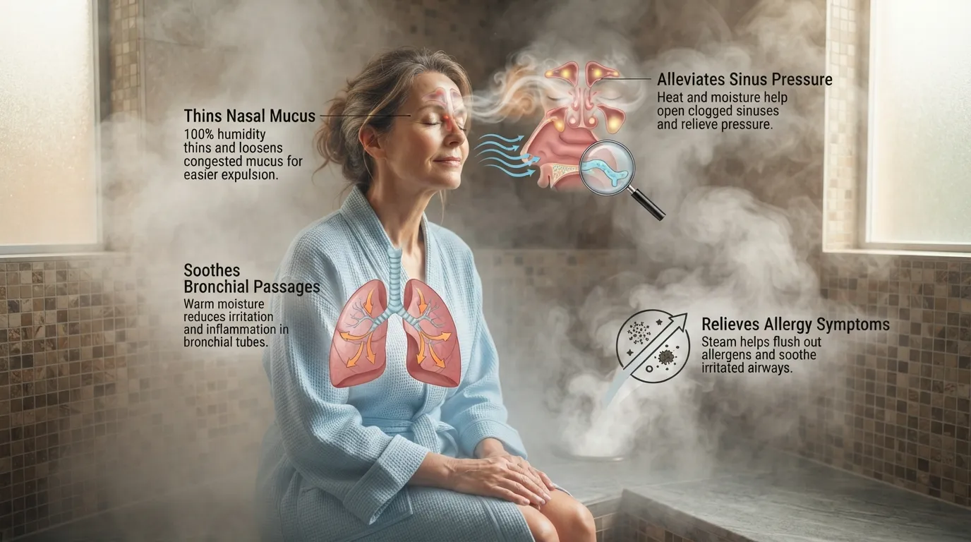 Person enjoying the respiratory benefits of a steam shower by breathing in warm moisture to clear sinus congestion.