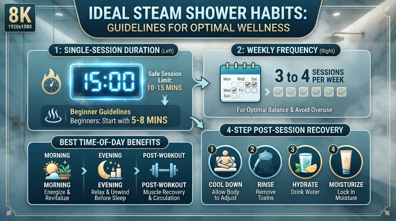 Infographic illustrating recommended steam shower session lengths of 10 to 15 minutes and weekly usage frequency of 3 to 4 times.