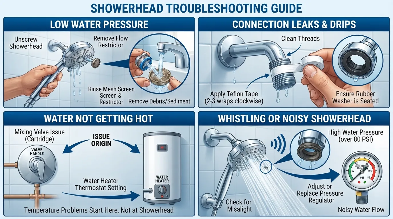 Infographic diagram showing 4 common showerhead troubleshooting steps: fixing low water pressure, stopping connection leaks, resolving water heater temperature issues, and fixing whistling noises.