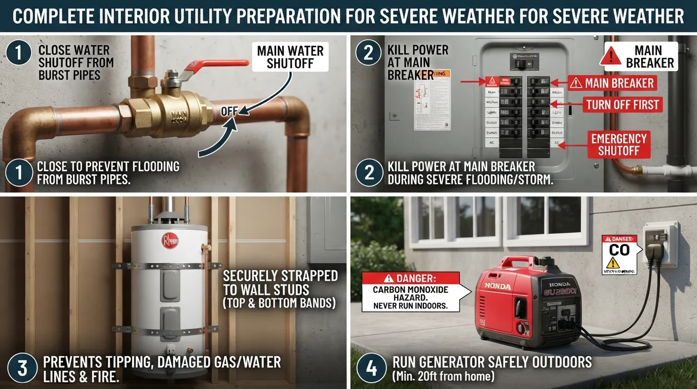 Homeowner inspecting utility shutoff valves, electrical circuit breaker panel, and strapped water heater during hurricane preparation.