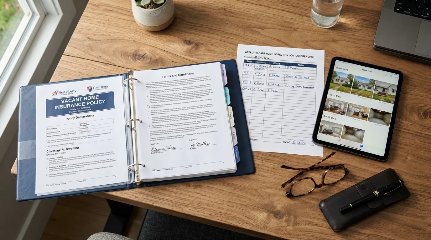 A homeowner reviewing a vacant home insurance policy document and inspection checklist on a wooden desk.