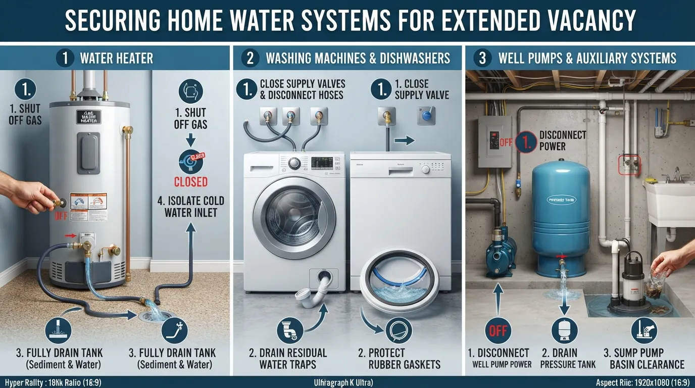 Comprehensive guide illustration showing a water heater, washing machine supply hoses, and well pump system prepared for vacant home winterization.