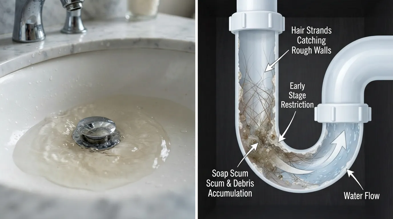 Close-up view of slow-draining water and soap scum buildup in a bathroom sink, illustrating the early warning signs of a forming hair clog.