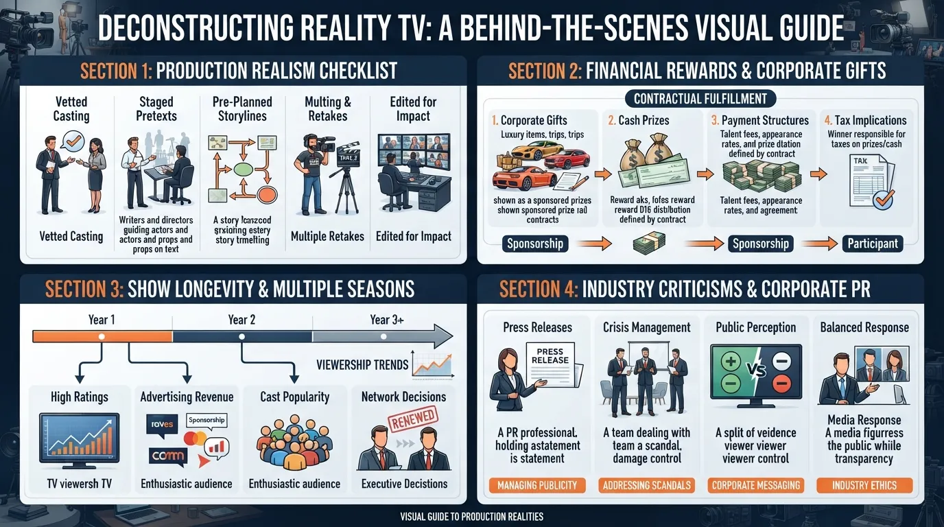 An infographic featuring frequently asked questions and analytical breakdowns about the reality television production, staging, and authenticity of Undercover Boss.