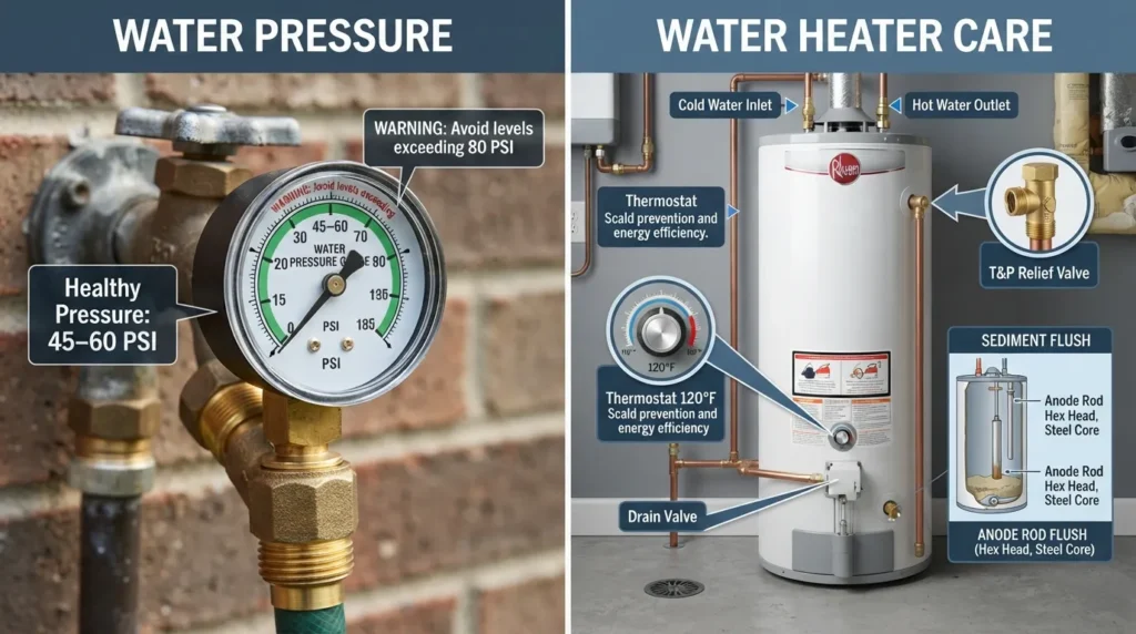 A plumber testing residential water pressure with a gauge on an outdoor hose bib while inspecting a nearby water heater tank.