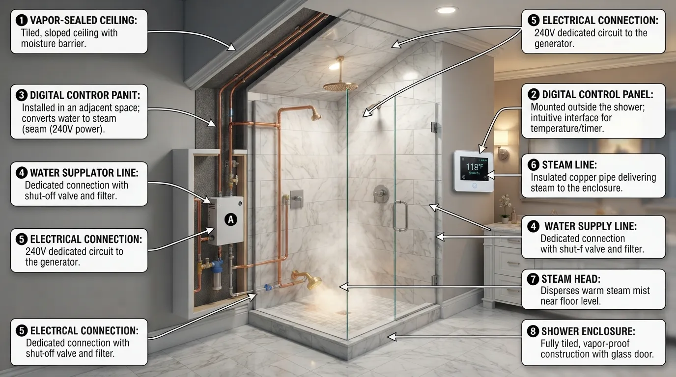 Diagram and cutaway illustration of a residential steam shower system showing the steam generator, digital control panel, steam head, and waterproof enclosure.