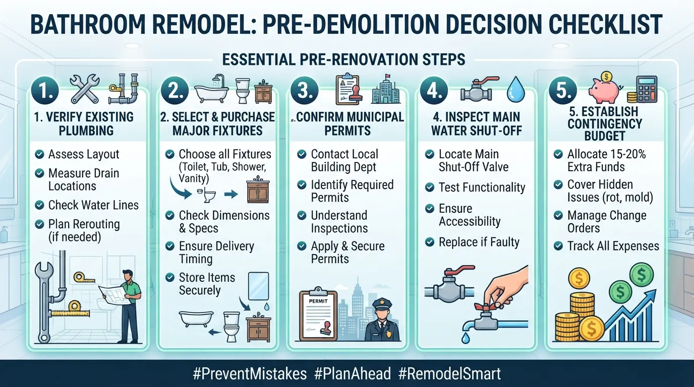 Detailed planning checklist and blueprint layout showing decisions to make before starting bathroom demolition.