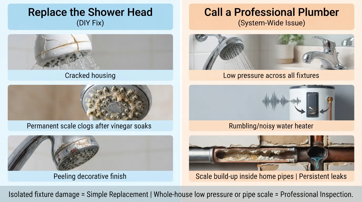 Comparison diagram showing signs it is time to replace a shower head versus when to call a plumber for low water pressure and pipe scale.