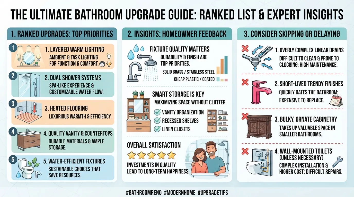 Infographic comparing worth-it luxury bathroom upgrades like lighting and shower systems against less essential splurges.