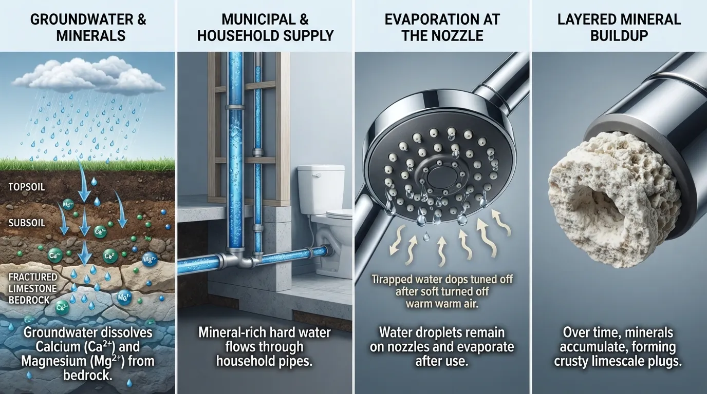 Cross-section diagram explaining how hard water minerals dissolve underground, flow through pipes, and leave white limescale buildup on shower head nozzles due to evaporation.