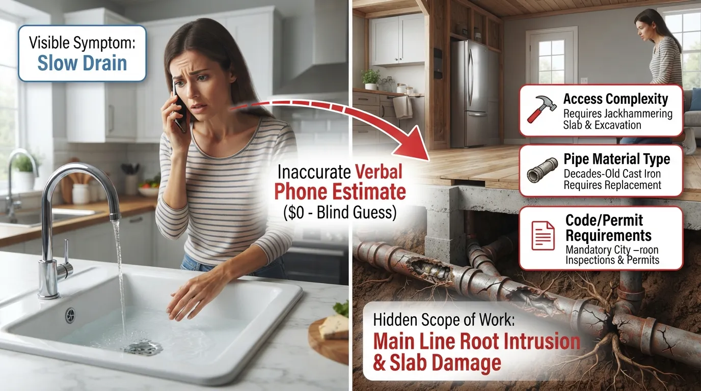 Diagram illustrating why plumbing phone quotes fail, showing unseen pipe corrosion under a home slab vs visible drain symptoms.