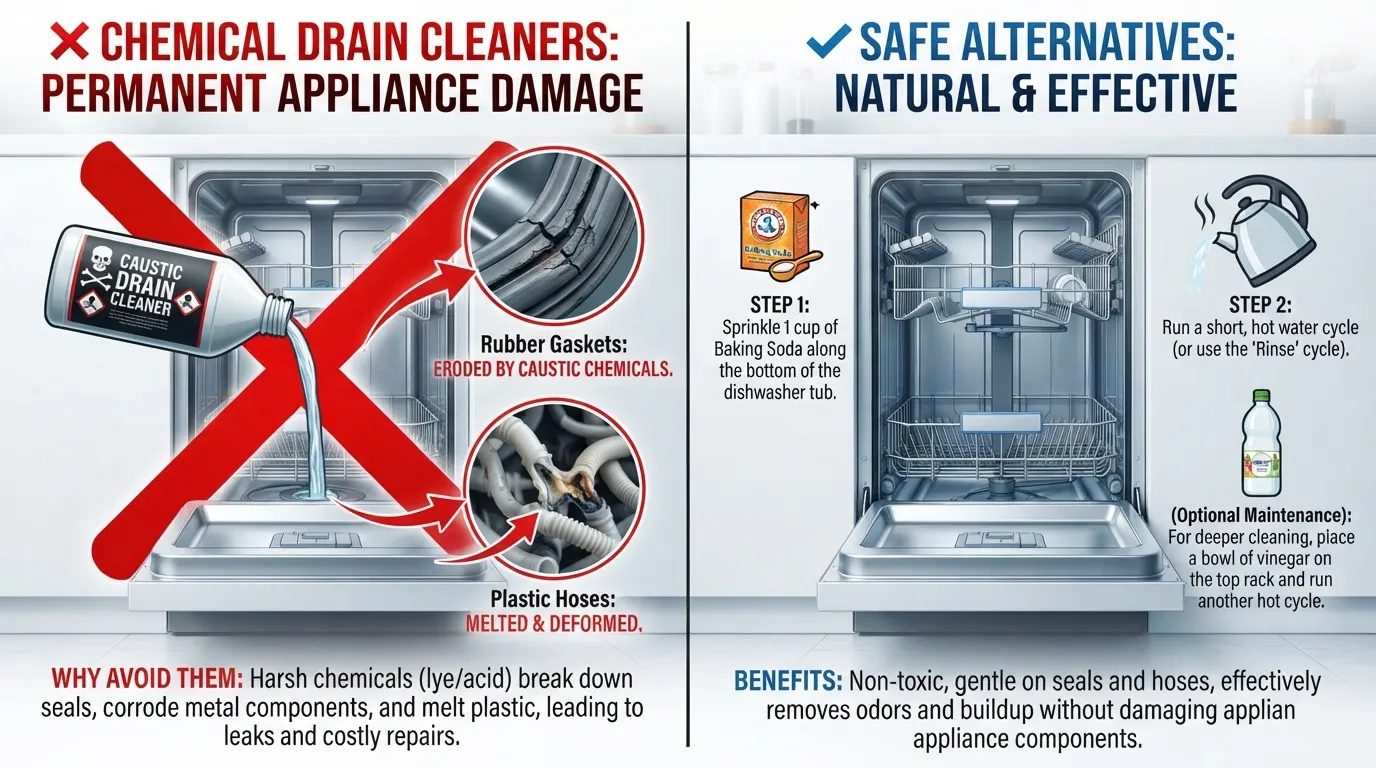 Infographic showing a dishwasher interior with warning icons against chemical drain cleaners like Drano, highlighting risks to rubber seals and hoses.