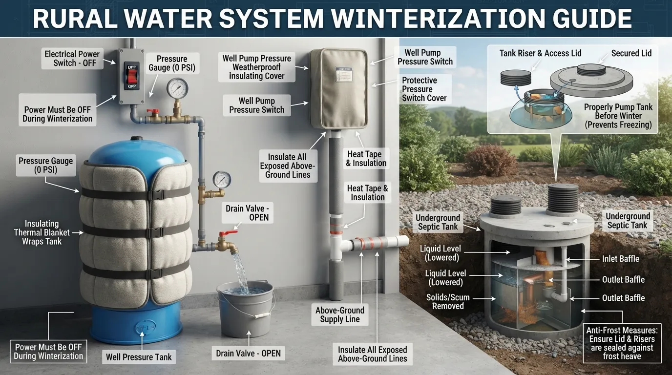 Illustrated diagram showing an insulated well pump pressure tank and septic tank access lid protected for winter vacancy.